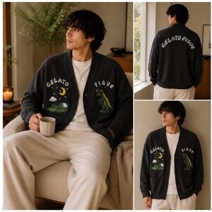 Gelato Piqué Homme Men's M Cardigan Plush Fleece Dinosaur Moon Graphic Dark Gray